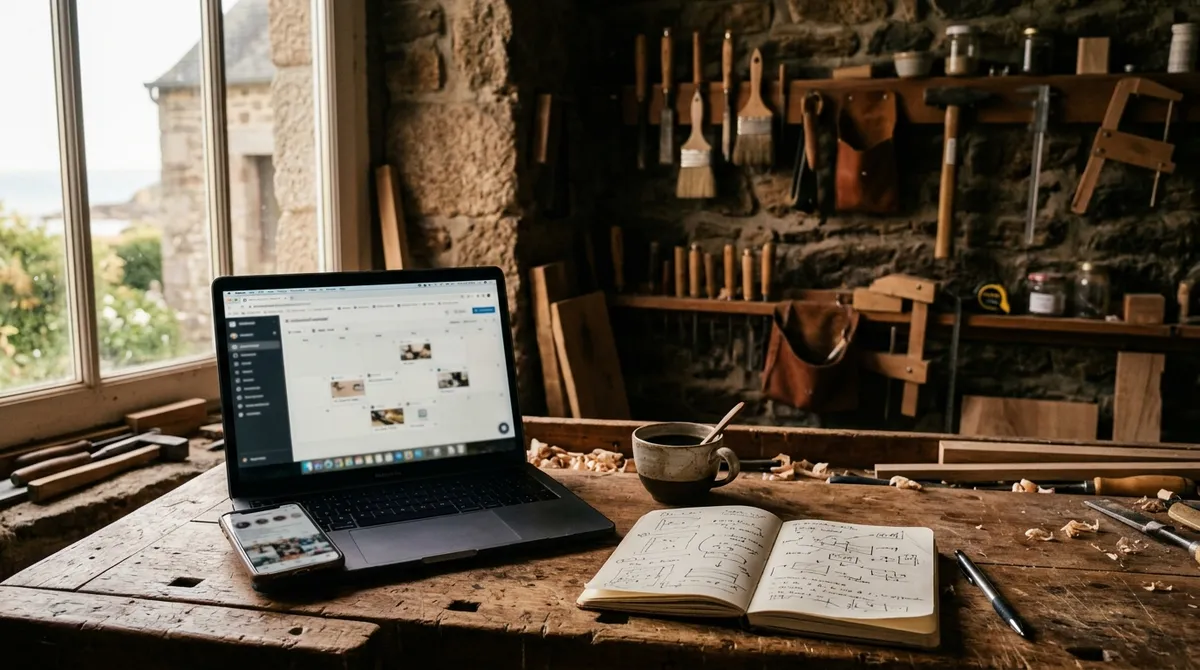 Bureau d'artisan breton avec laptop, calendrier de publications et café — budget community manager TPE