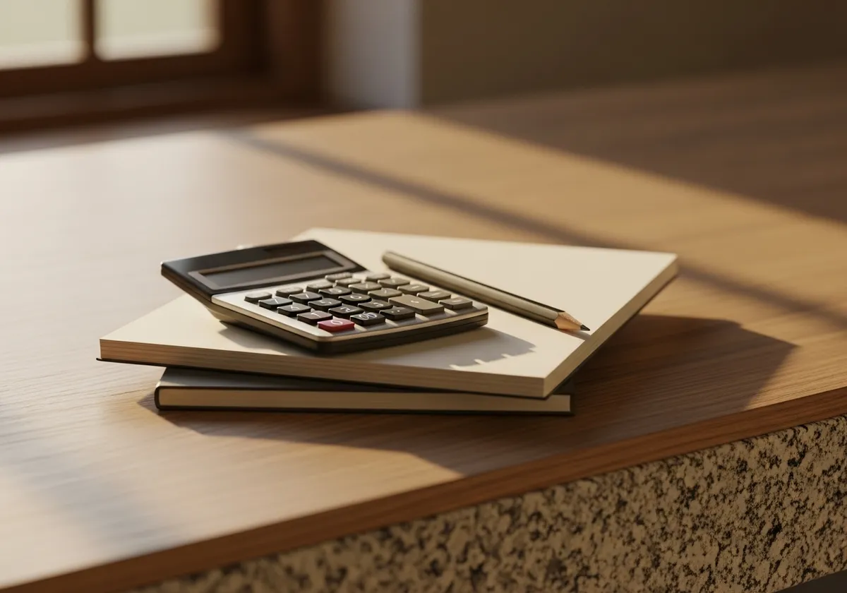Calculatrice et crayon posés sur un carnet, sur un bureau en bois avec un rebord en granit — calcul du budget minimum Google Ads