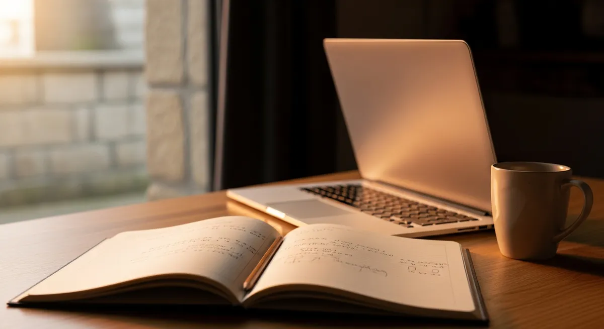 Bureau d'artisan breton avec carnet, ordinateur portable et mur en pierre — budget minimum Google Ads artisan