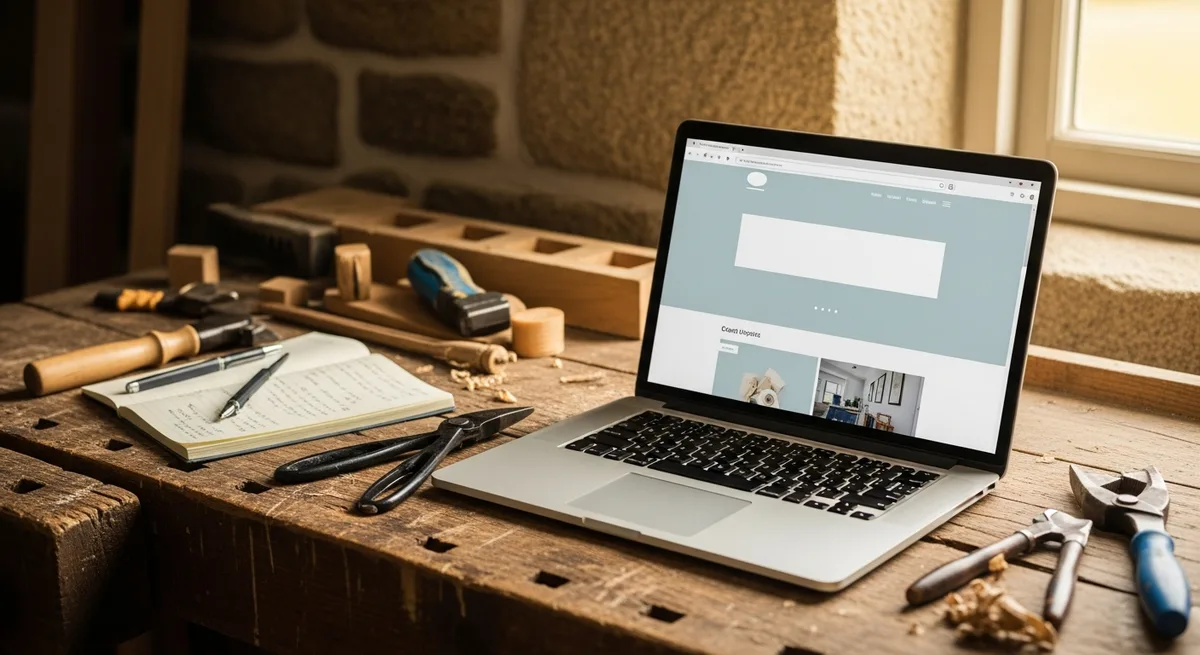 Ordinateur portable ouvert sur un site web générique posé sur un établi d'artisan — atelier breton, lumière naturelle