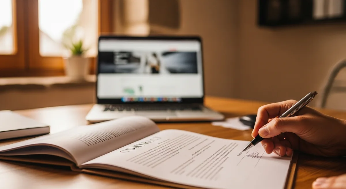 Signature d'un contrat de maintenance de site internet sur un bureau, ordinateur portable en arrière-plan
