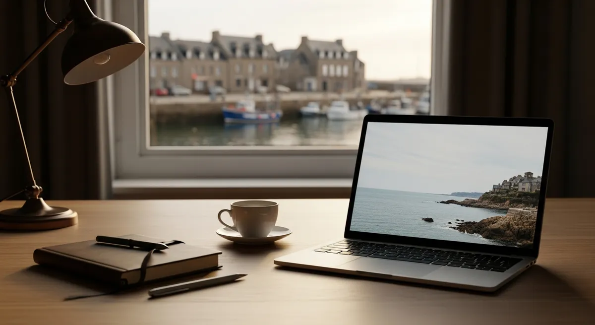 Bureau avec ordinateur portable et vue sur un port breton, ambiance maintenance de site internet sans engagement