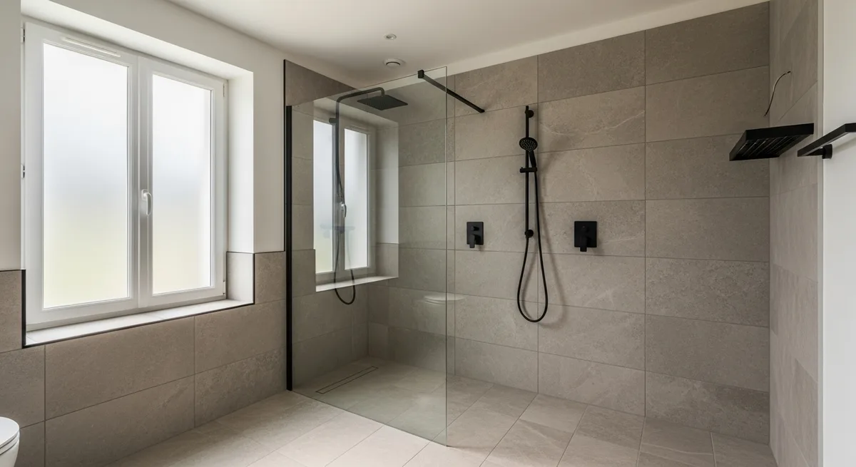 Salle de bains rénovée dans une maison bretonne en Finistère — carrelage gris et douche à l'italienne, chantier artisan terminé