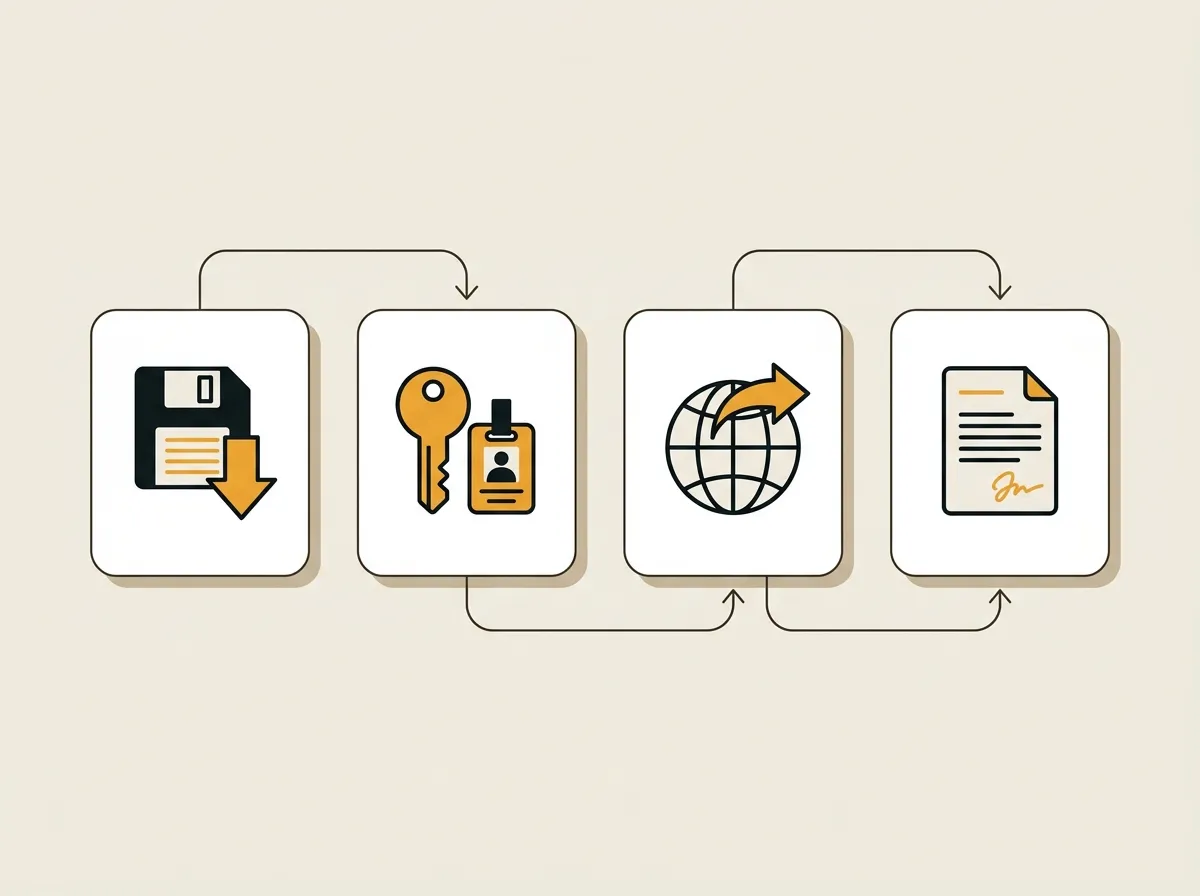 Schéma en 4 étapes pour récupérer son site internet : sauvegarde, accès, transfert du domaine, résiliation