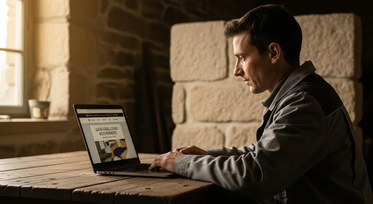 Artisan breton à son établi consultant un ordinateur portable — référencement local et visibilité en ligne