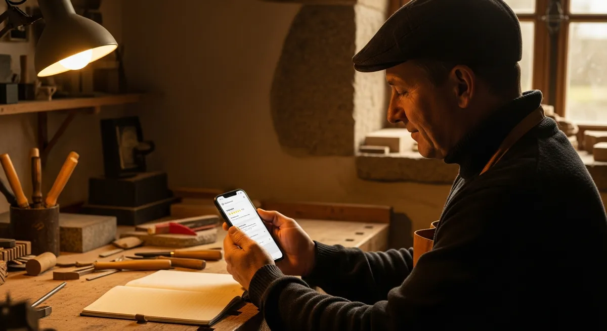 Artisan breton consultant une notification d'avis Google négatif sur son téléphone dans son atelier