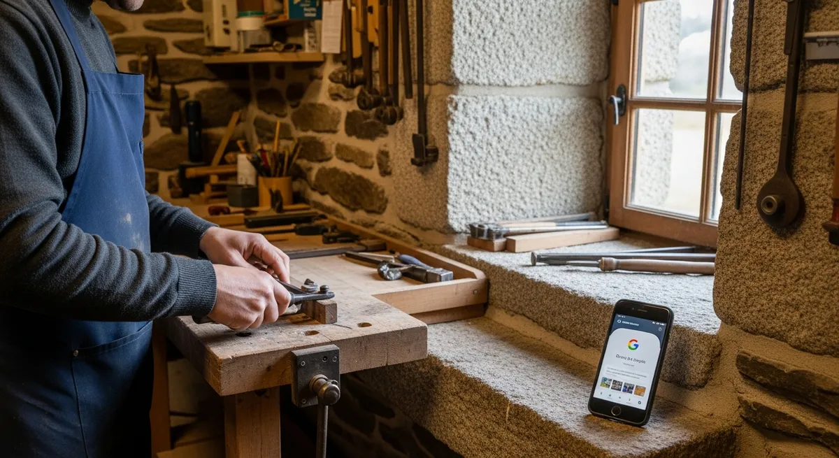 Artisan dans son atelier breton avec smartphone montrant une fiche Google — site internet pour artisan