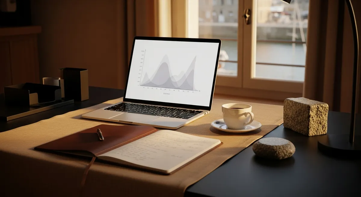 Bureau d'artisan avec ordinateur portable affichant un graphique de suivi, prix référencement SEO TPE locale